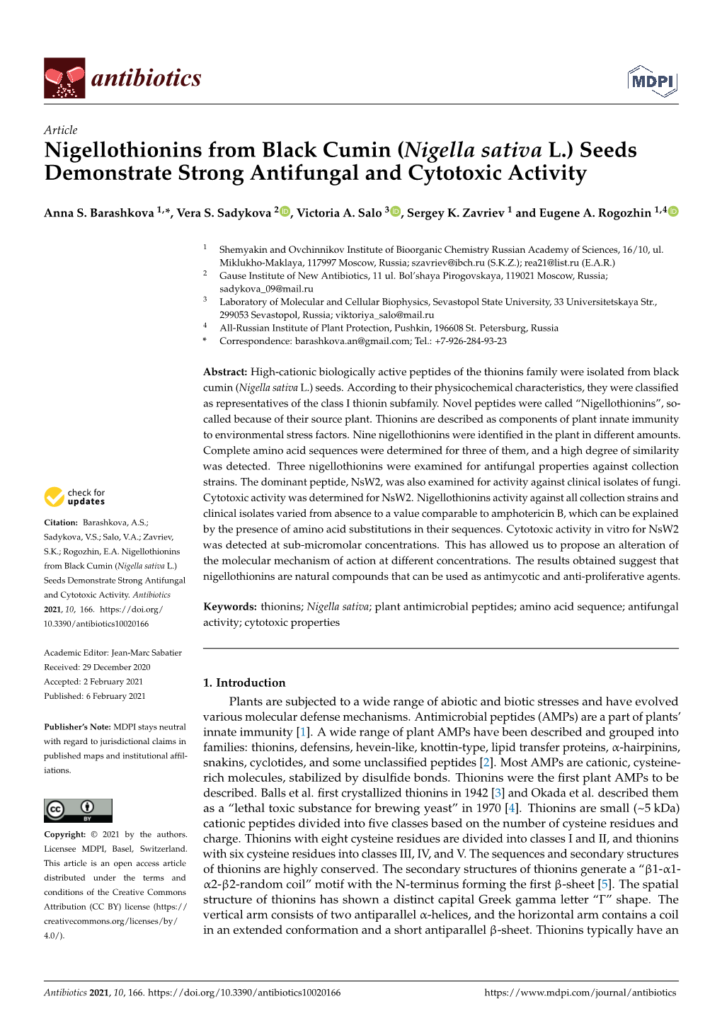 Nigellothionins from Black Cumin (Nigella Sativa L.) Seeds Demonstrate Strong Antifungal and Cytotoxic Activity