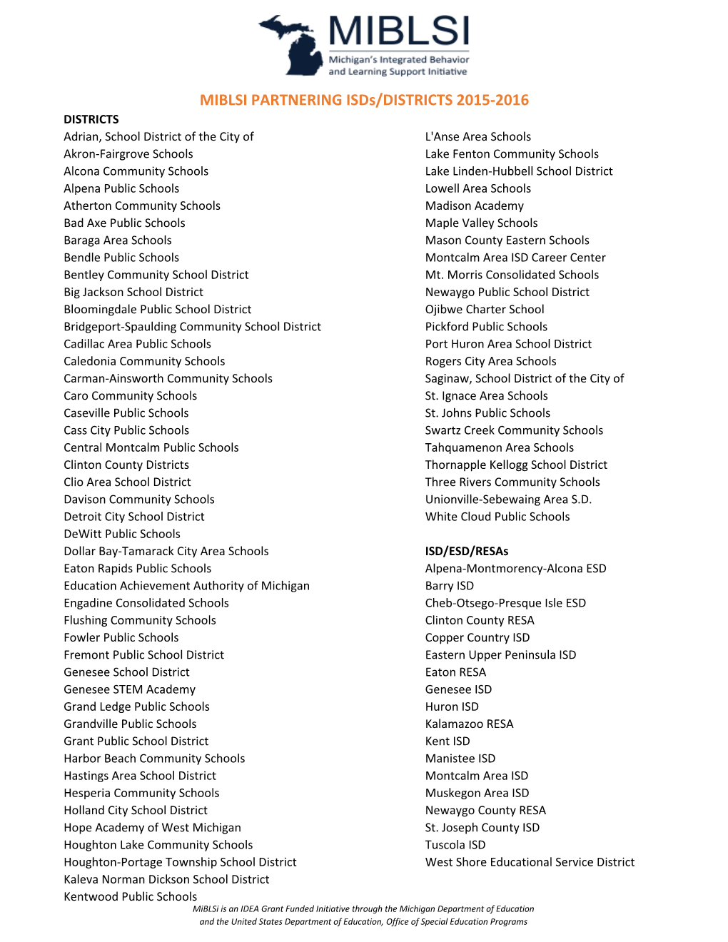 MIBLSI PARTNERING Isds/DISTRICTS 2015-2016