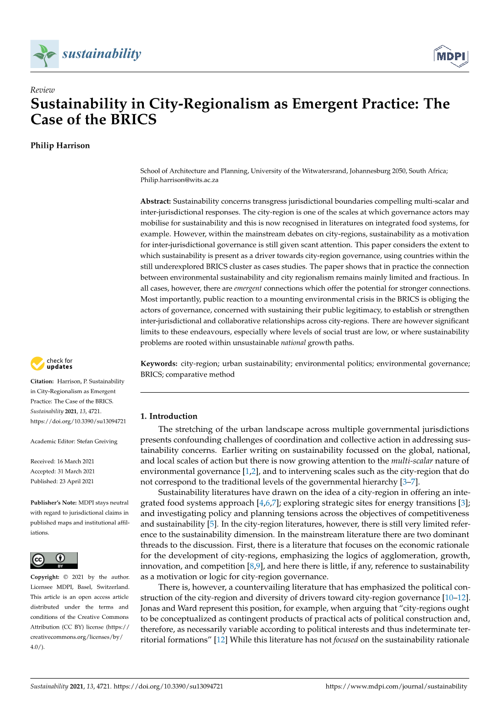 Sustainability in City-Regionalism As Emergent Practice: the Case of the BRICS