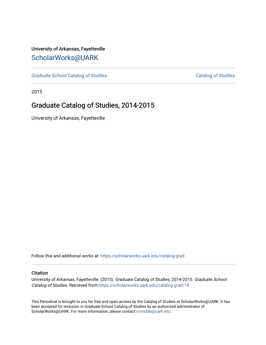 Graduate Catalog of Studies, 2014-2015