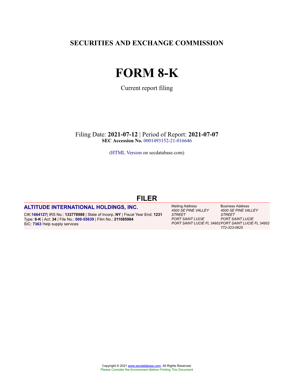 ALTITUDE INTERNATIONAL HOLDINGS, INC. Form 8-K Current Event Report Filed 2021-07-12