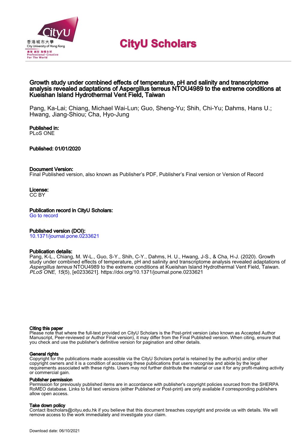 Aspergillus Terreus NTOU4989 to the Extreme Conditions at Kueishan Island Hydrothermal Vent Field, Taiwan