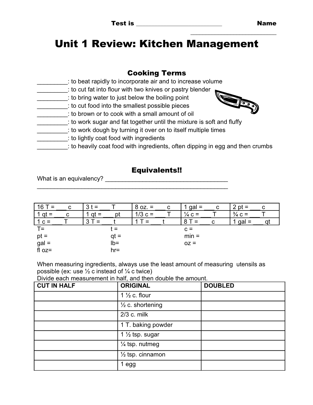 Unit 1 Review: Kitchen Management