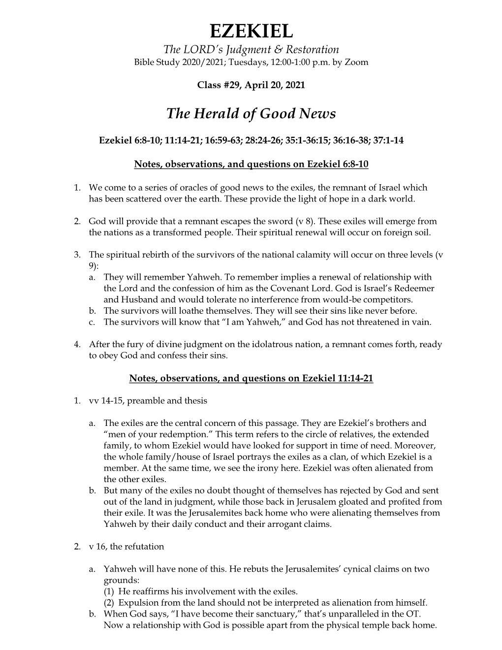 EZEKIEL the LORD’S Judgment & Restoration Bible Study 2020/2021; Tuesdays, 12:00-1:00 P.M