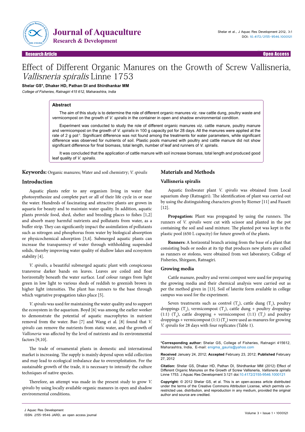 Effect of Different Organic Manures on the Growth of Screw Vallisneria