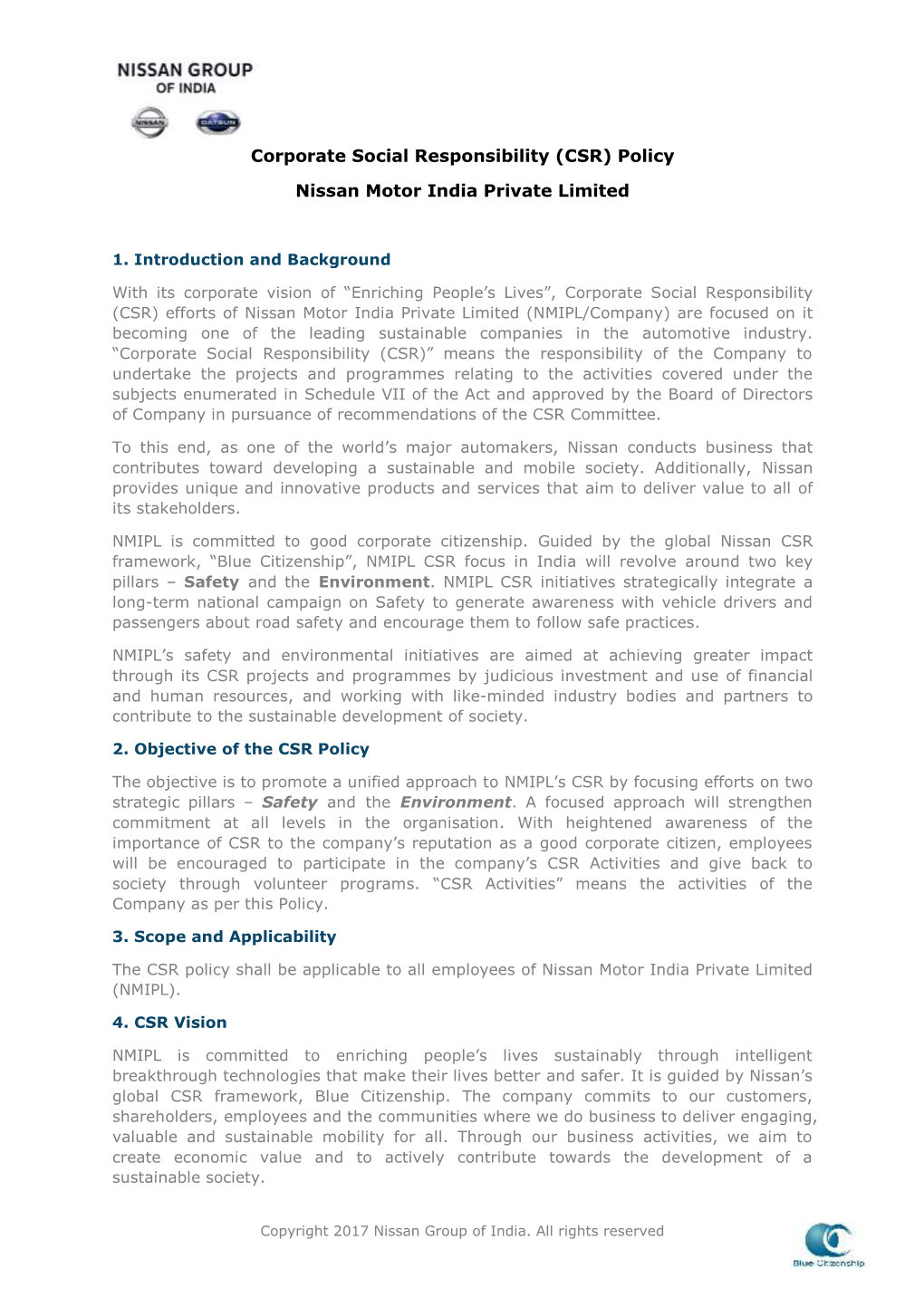 Corporate Social Responsibility (CSR) Policy Nissan Motor India