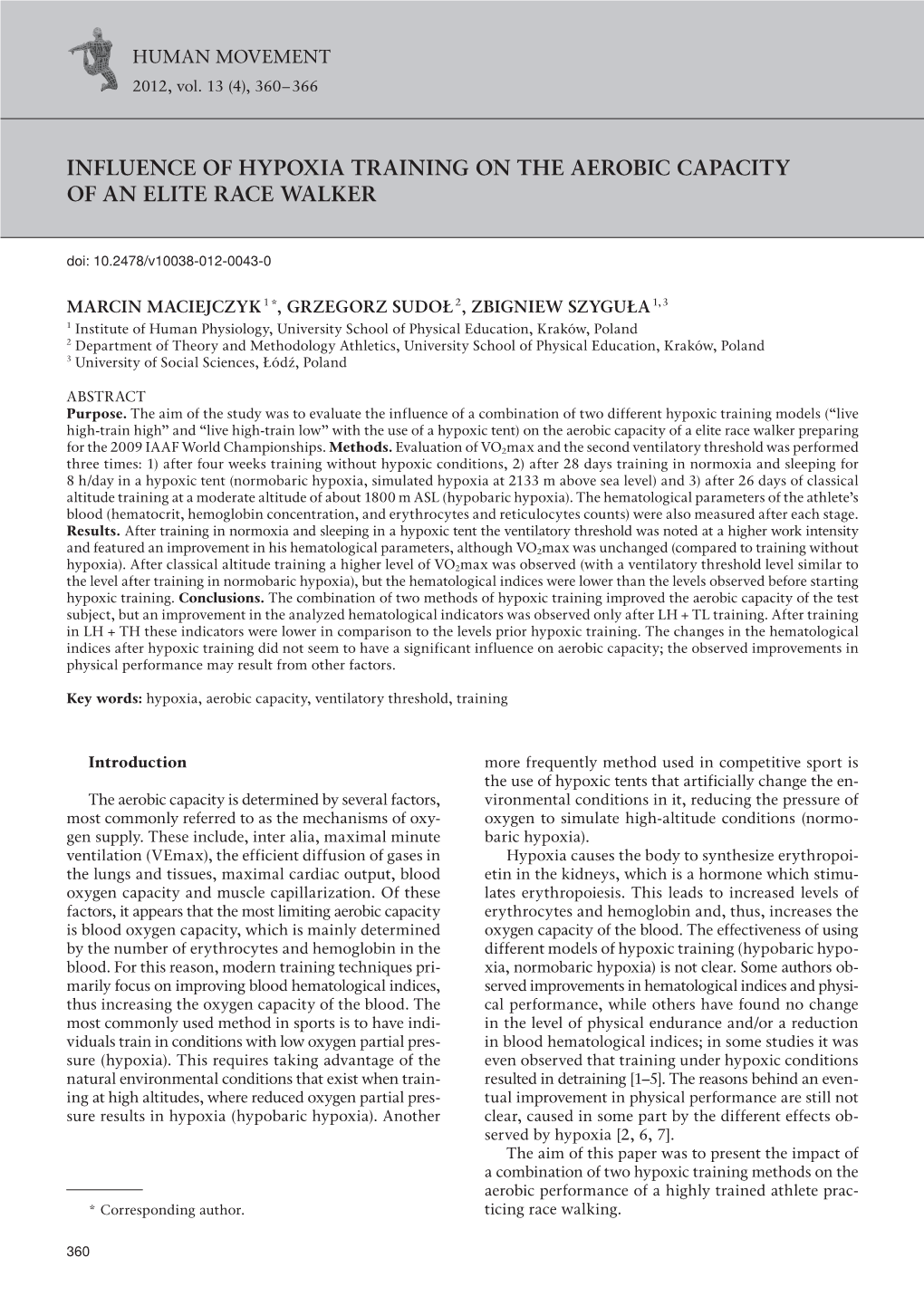 Influence of Hypoxia Training on the Aerobic Capacity of an Elite Race Walker