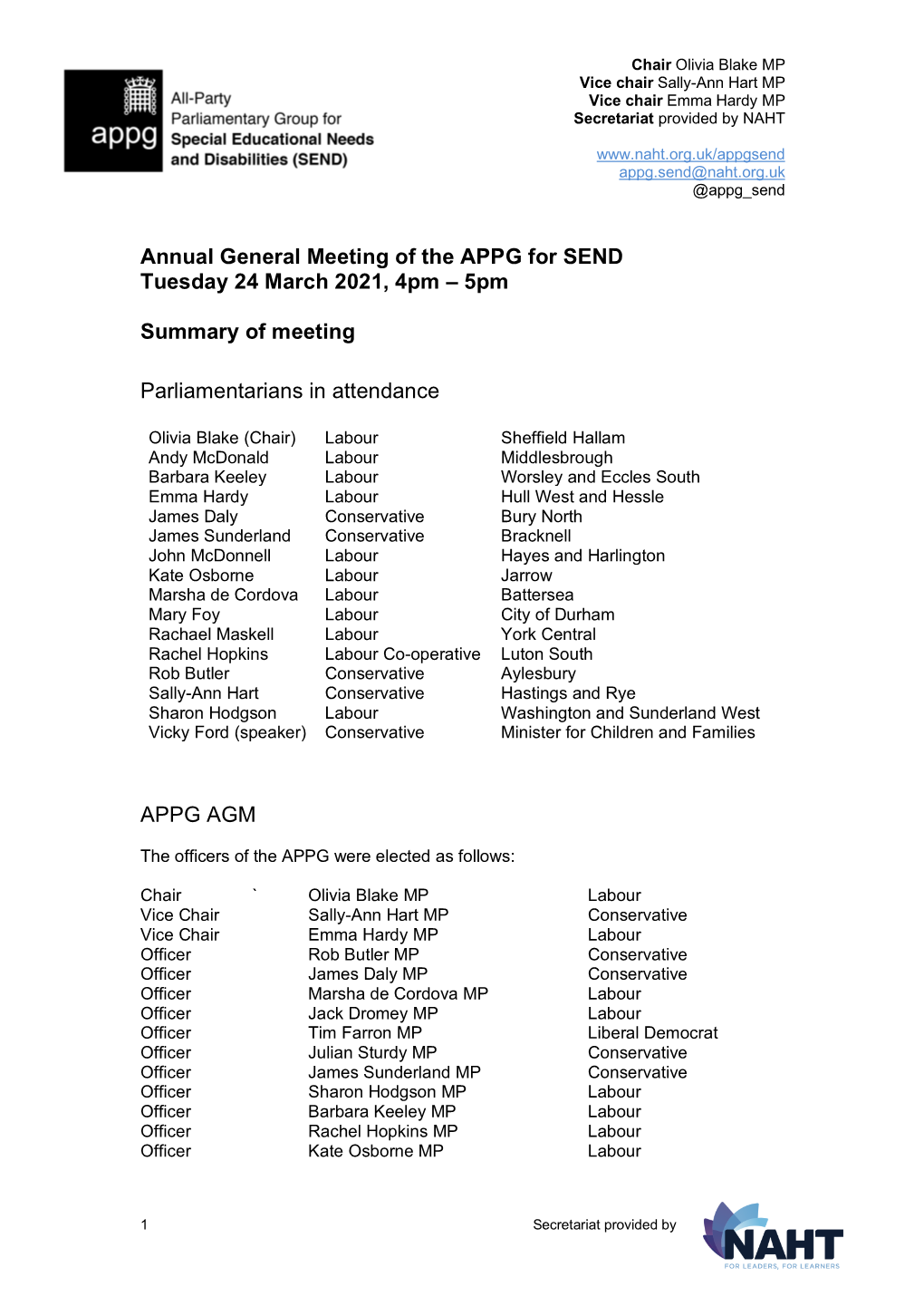 Minutes of the APPG for SEND Annual General Meeting 24 March