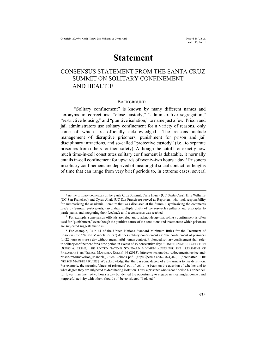 Consensus Statement from the Santa Cruz Summit on Solitary Confinement and Health†