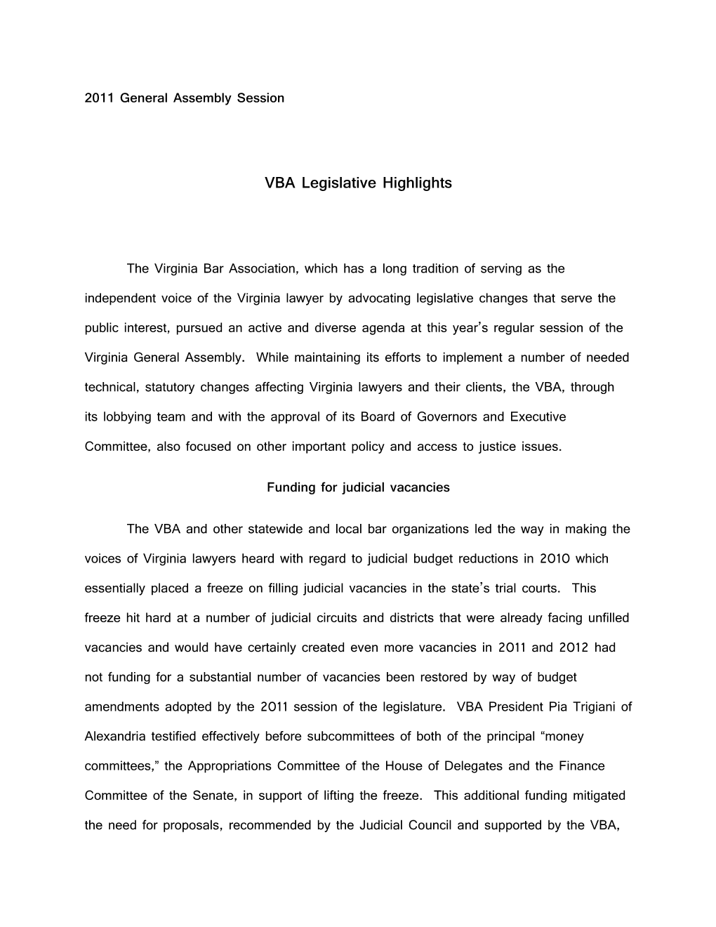 VBA Legislative Highlights