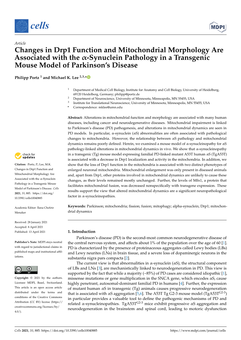 Changes in Drp1 Function and Mitochondrial Morphology Are Associated with the Α-Synuclein Pathology in a Transgenic Mouse Model of Parkinson’S Disease