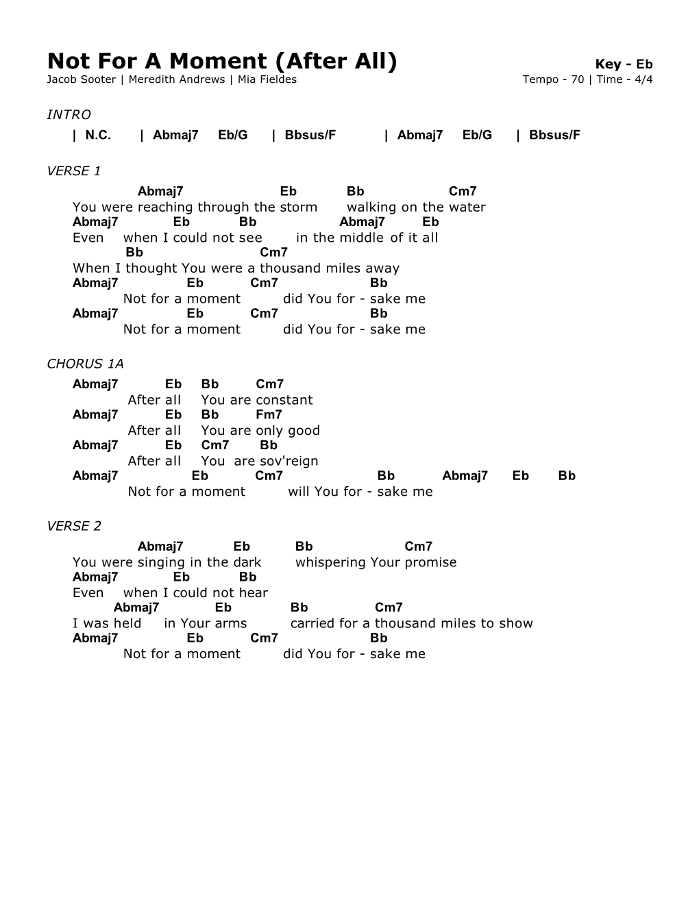 Not for a Moment (After All) Key - Eb Jacob Sooter | Meredith Andrews | Mia Fieldes Tempo - 70 | Time - 4/4