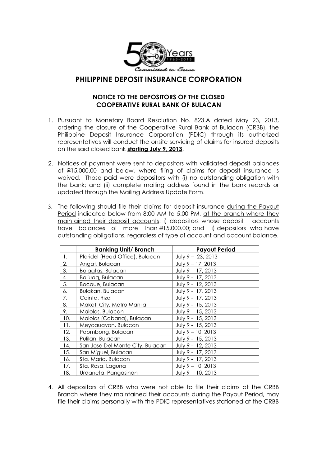 Notice to the Depositors of the Closed Cooperative Rural Bank of Bulacan