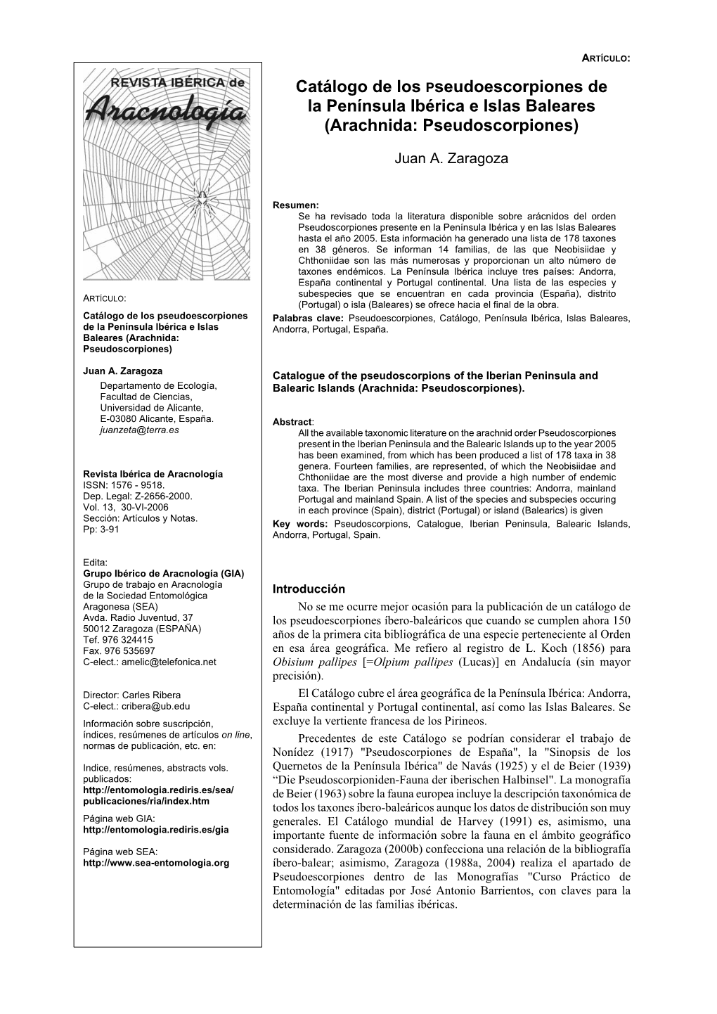 Catálogo De Los Pseudoescorpiones De La Península Ibérica E Islas Baleares (Arachnida: Pseudoscorpiones)