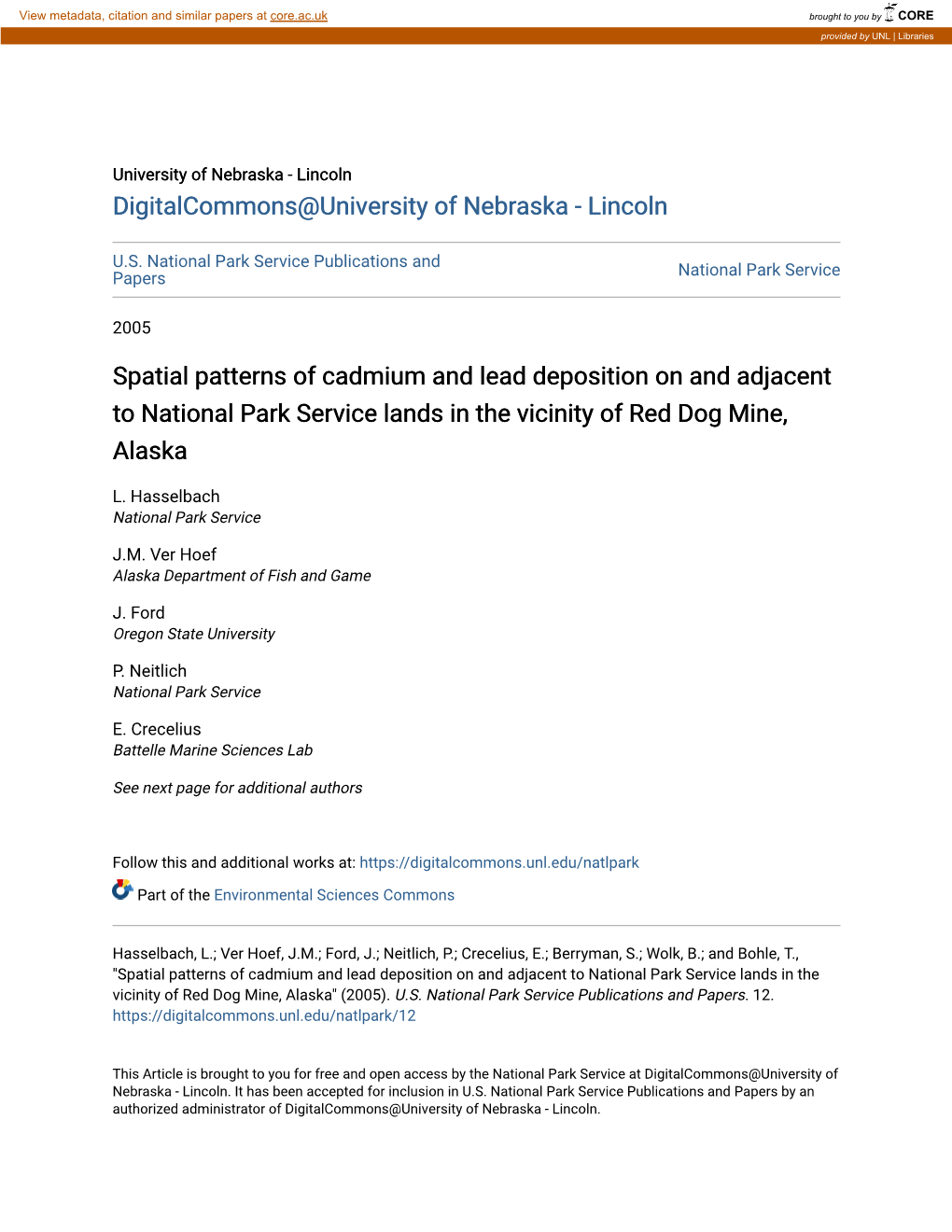 Spatial Patterns of Cadmium and Lead Deposition on and Adjacent to National Park Service Lands in the Vicinity of Red Dog Mine, Alaska