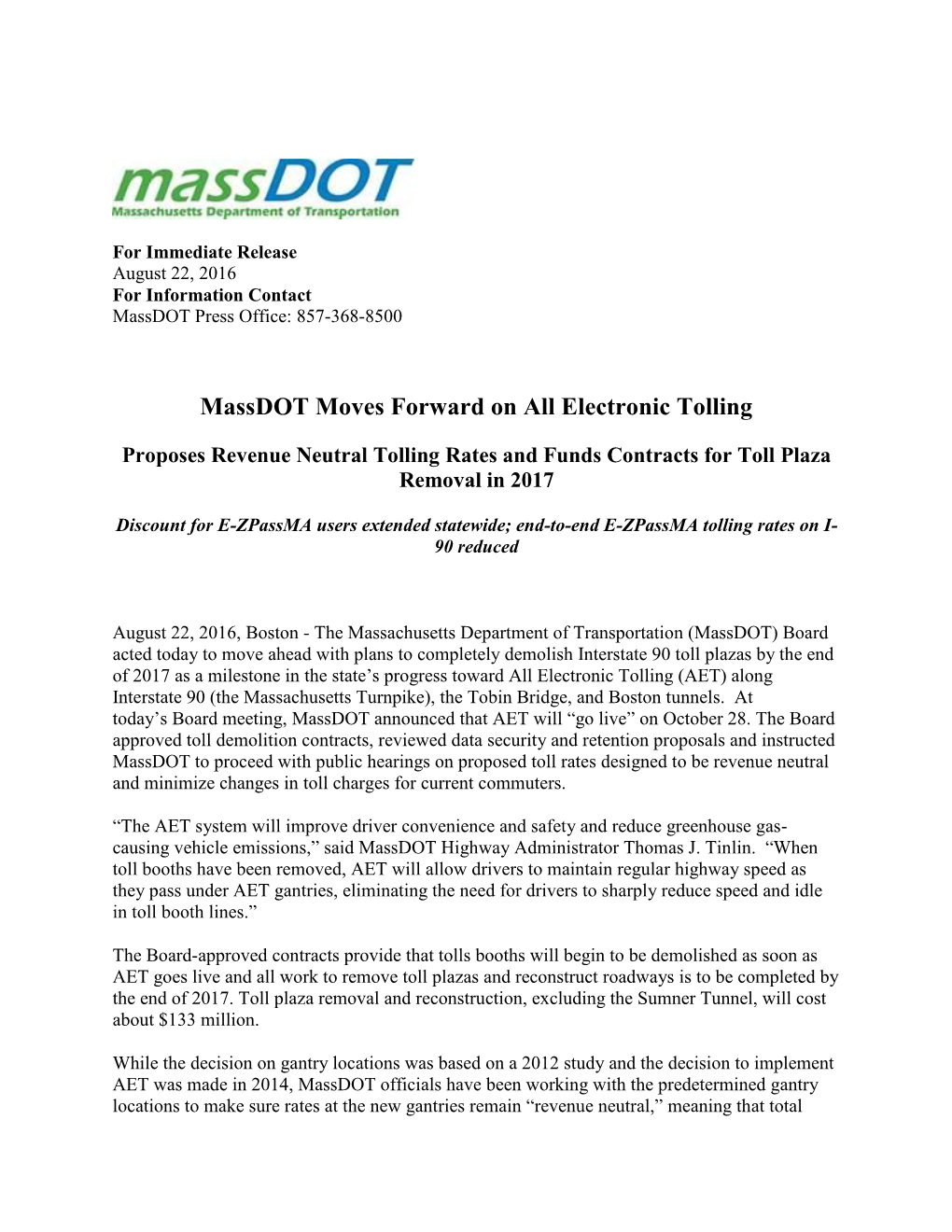 Massdot Moves Forward on All Electronic Tolling