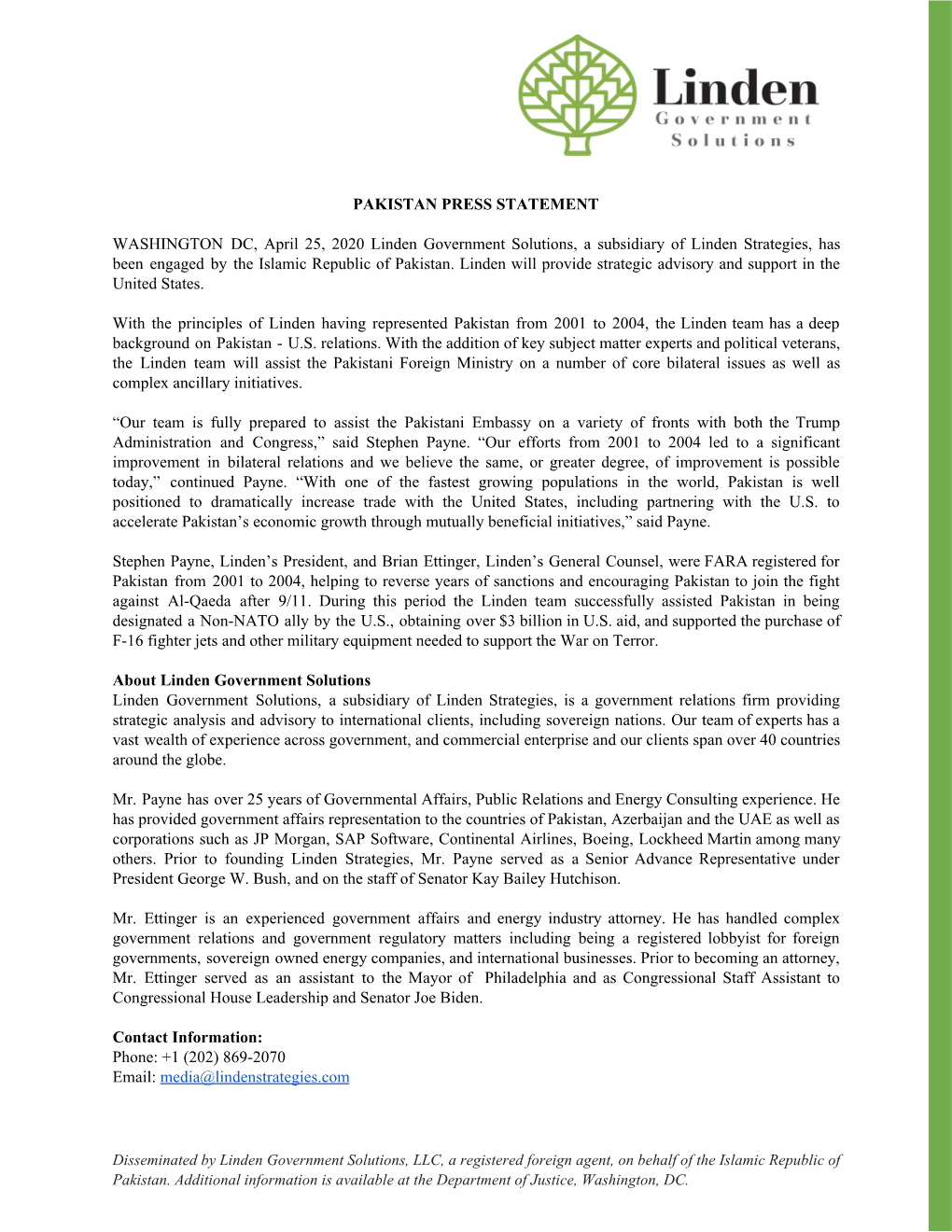 PAKISTAN PRESS STATEMENT WASHINGTON DC, April 25, 2020