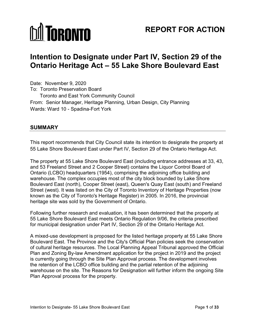 Intention to Designate Under Part IV, Section 29 of the Ontario Heritage Act – 55 Lake Shore Boulevard East