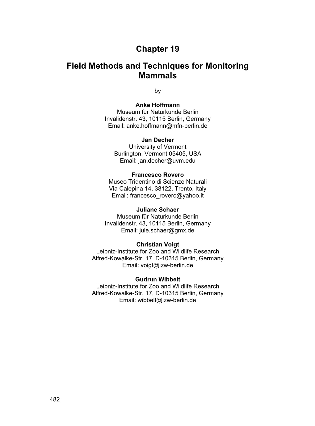 Chapter 19 Field Methods and Techniques for Monitoring Mammals