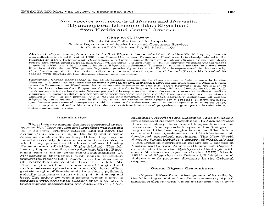 New Species and Records of Rhyssa and Rhyssella (Hymenoptera: Ichneumonidae: Rhyssinae) from Florida and Central America