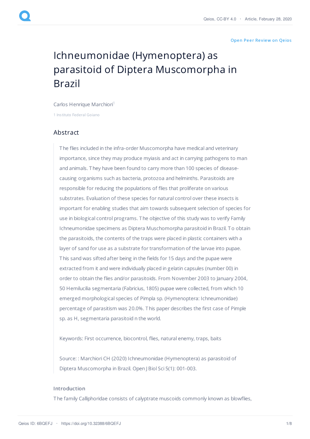 Ichneumonidae (Hymenoptera) As Parasitoid of Diptera Muscomorpha in Brazil