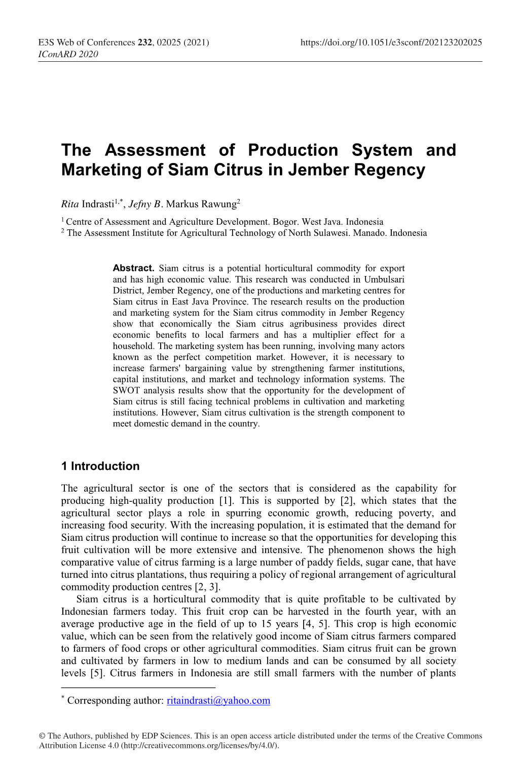 The Assessment of Production System and Marketing of Siam Citrus in Jember Regency