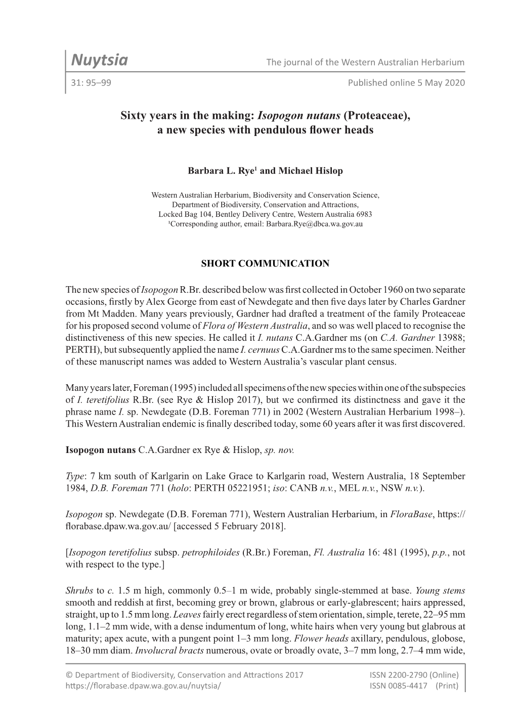 Nuytsia the Journal of the Western Australian Herbarium 31: 95–99 Published Online 5 May 2020