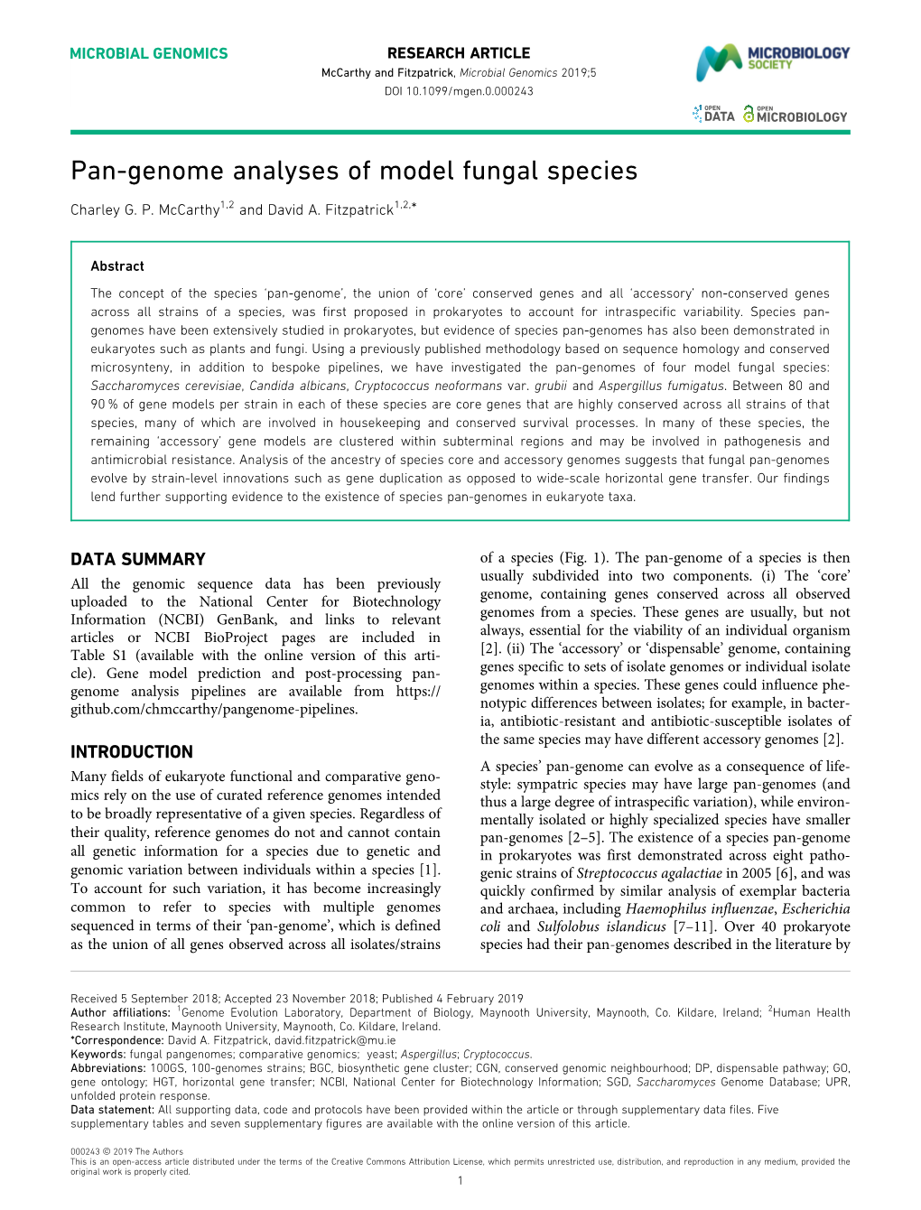 Pan-Genome Analyses of Model Fungal Species