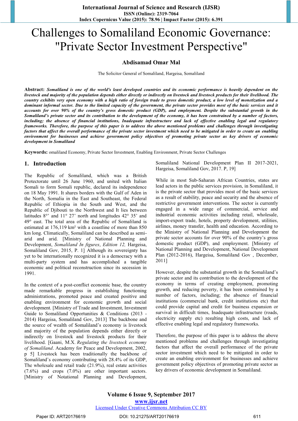 Challenges to Somaliland Economic Governance: 