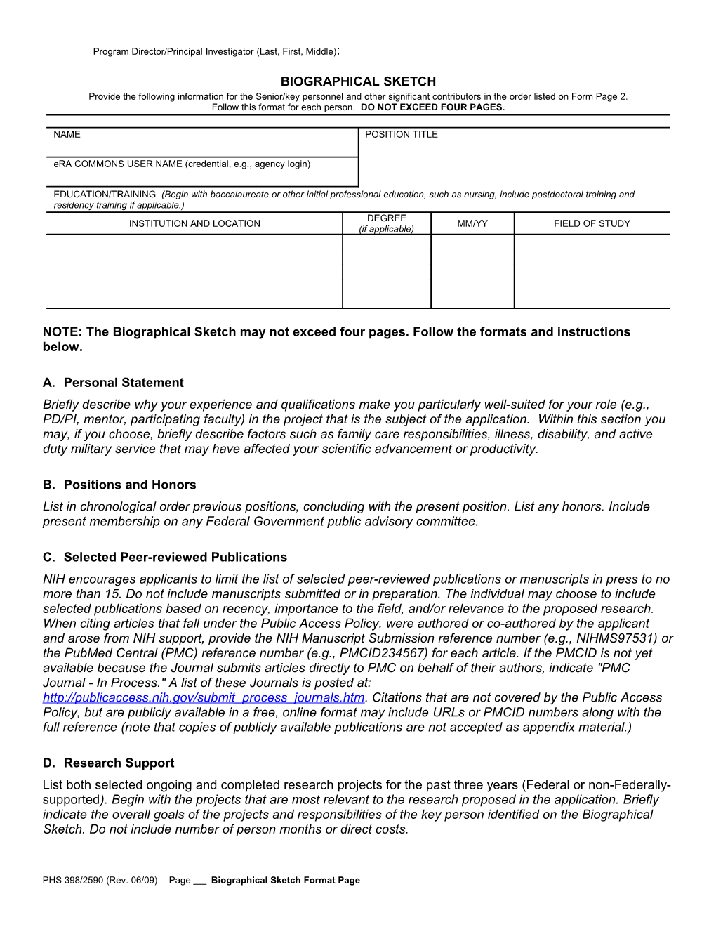 PHS 398/2590 (Rev. 06/09), Biographical Sketch Format Page s4