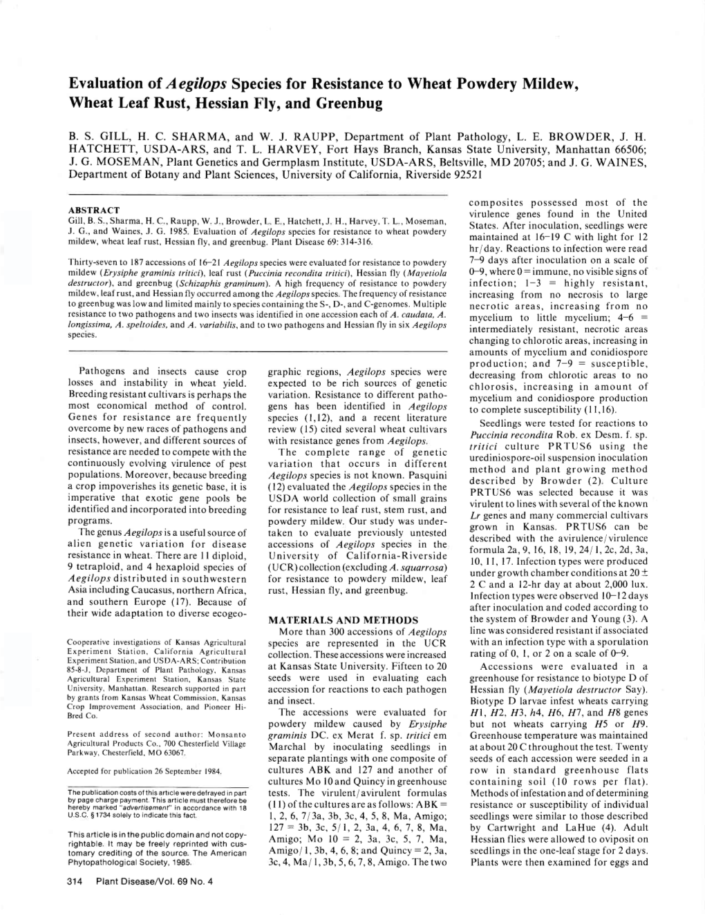 Evaluation of Aegilops Species for Resistance to Wheat Powdery