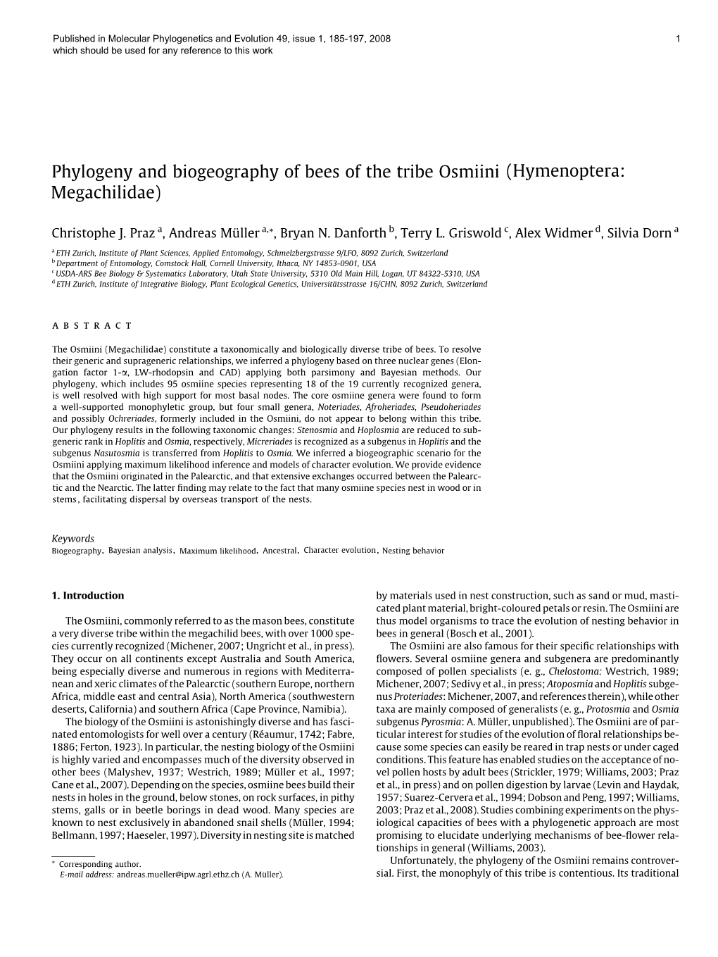 Phylogeny and Biogeography of Bees of the Tribe Osmiini (Hymenoptera: Megachilidae)