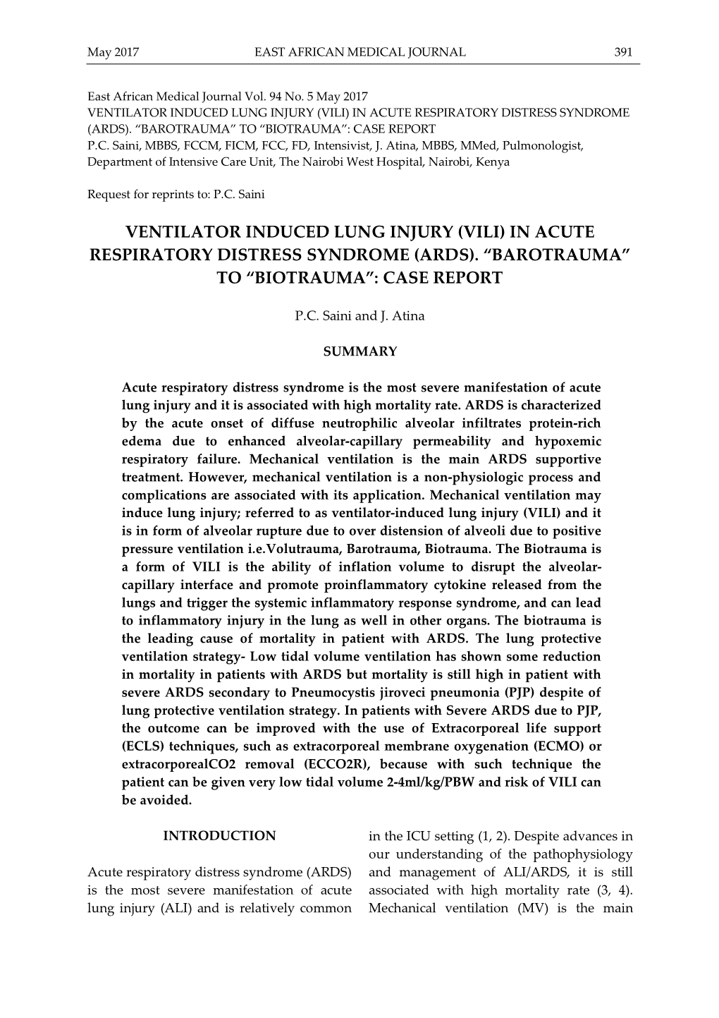 Vili) in Acute Respiratory Distress Syndrome (Ards)