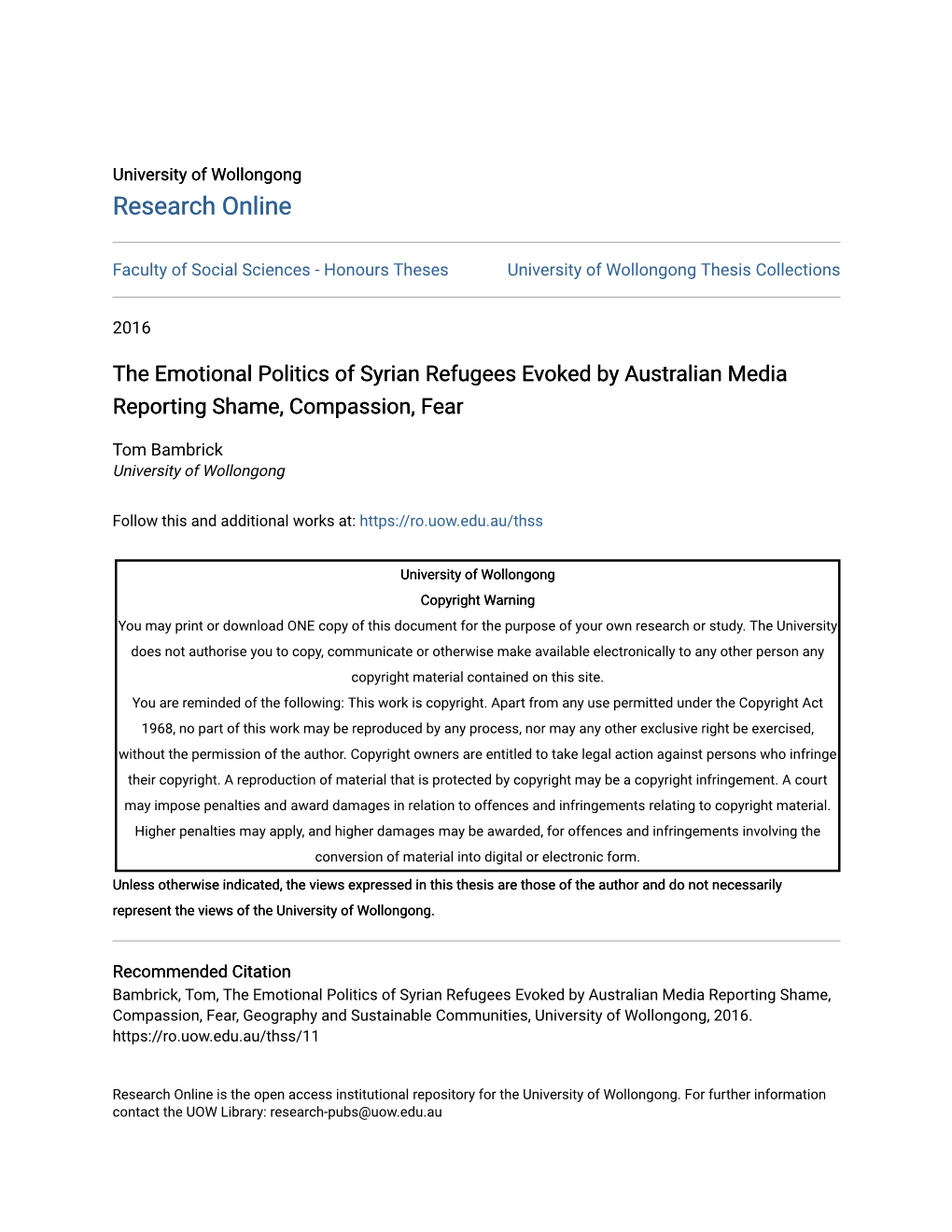 The Emotional Politics of Syrian Refugees Evoked by Australian Media Reporting Shame, Compassion, Fear