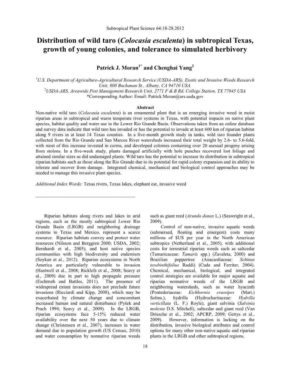 Distribution of Wild Taro (Colocasia Esculenta) in Subtropical Texas, Growth of Young Colonies, and Tolerance to Simulated Herbivory