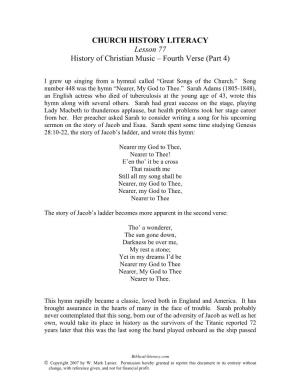 CHURCH HISTORY LITERACY Lesson 77 History of Christian Music – Fourth Verse (Part 4)