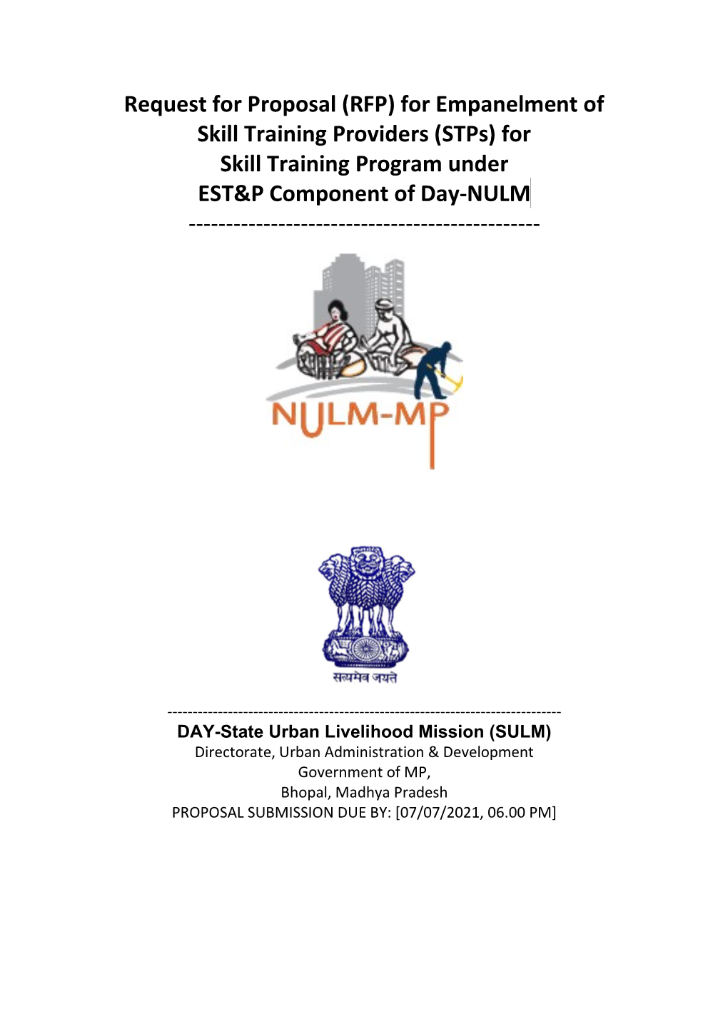 Request for Proposal (RFP) for Empanelment of Skill Training Providers (Stps) for Skill Training Program Under EST&P Component of Day-NULM