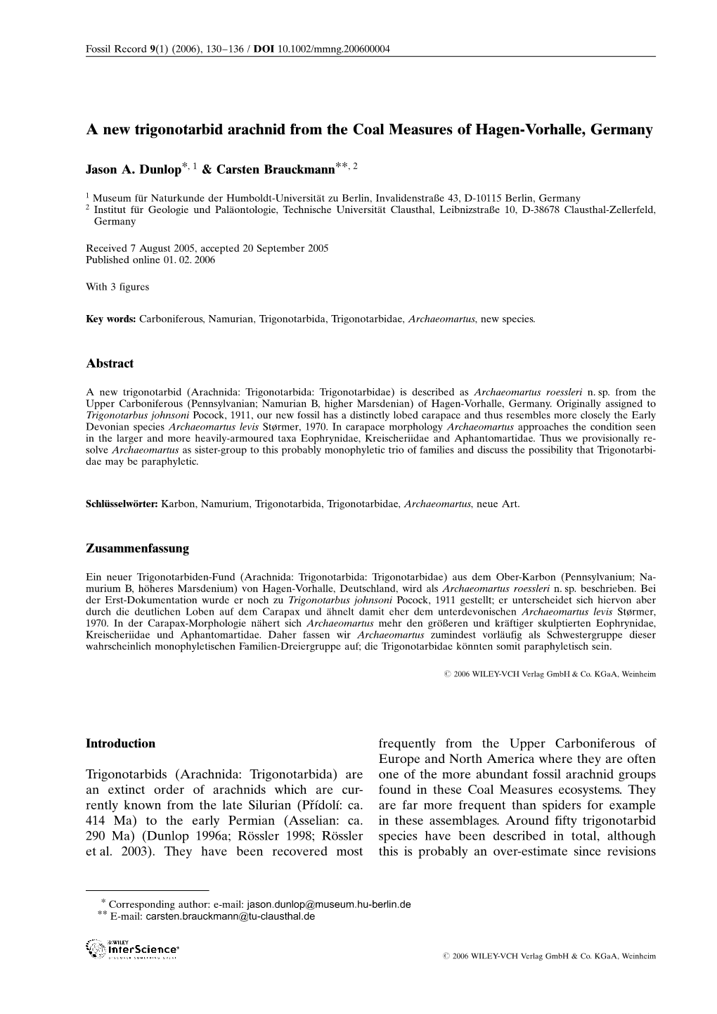 A New Trigonotarbid Arachnid from the Coal Measures of Hagen-Vorhalle, Germany