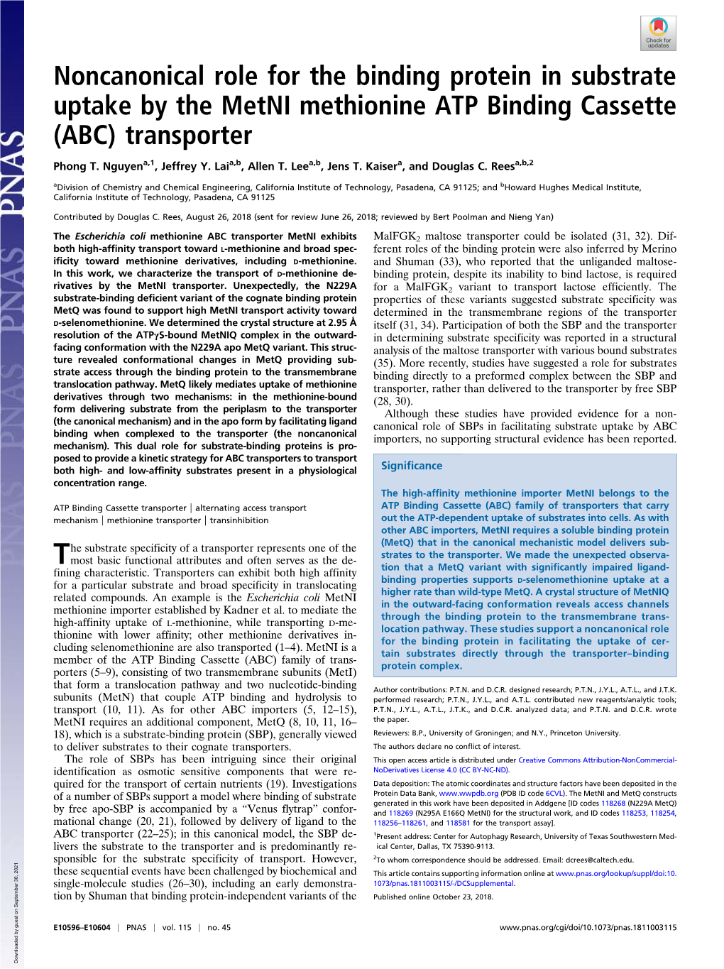 Noncanonical Role for the Binding Protein in Substrate Uptake by the Metni Methionine ATP Binding Cassette (ABC) Transporter