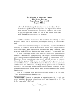 Localization in Homotopy Theory the Kepler Lecture Regensburg, July 2, 2015 Haynes Miller