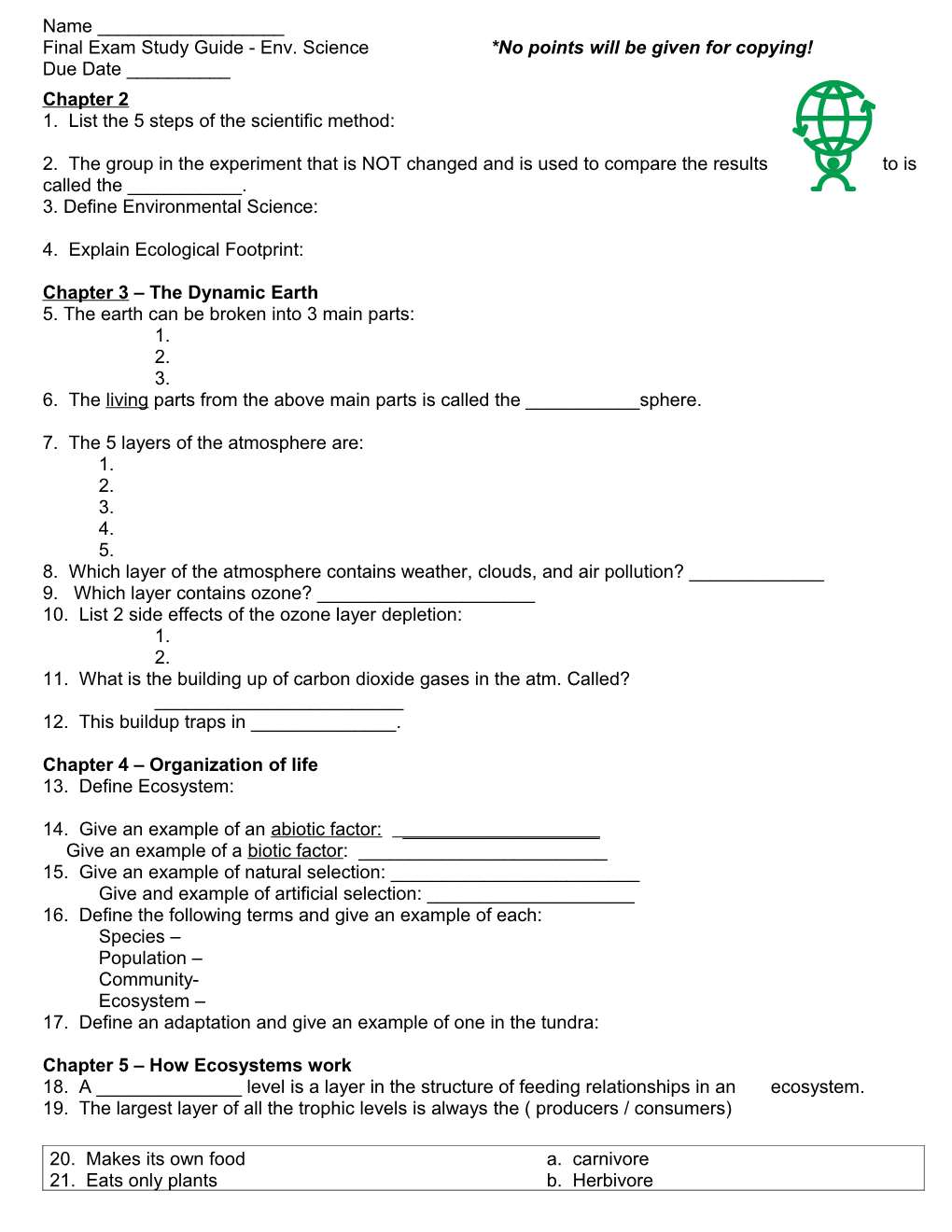 Final Exam Study Guide - Env. Science *No Points Will Be Given for Copying!