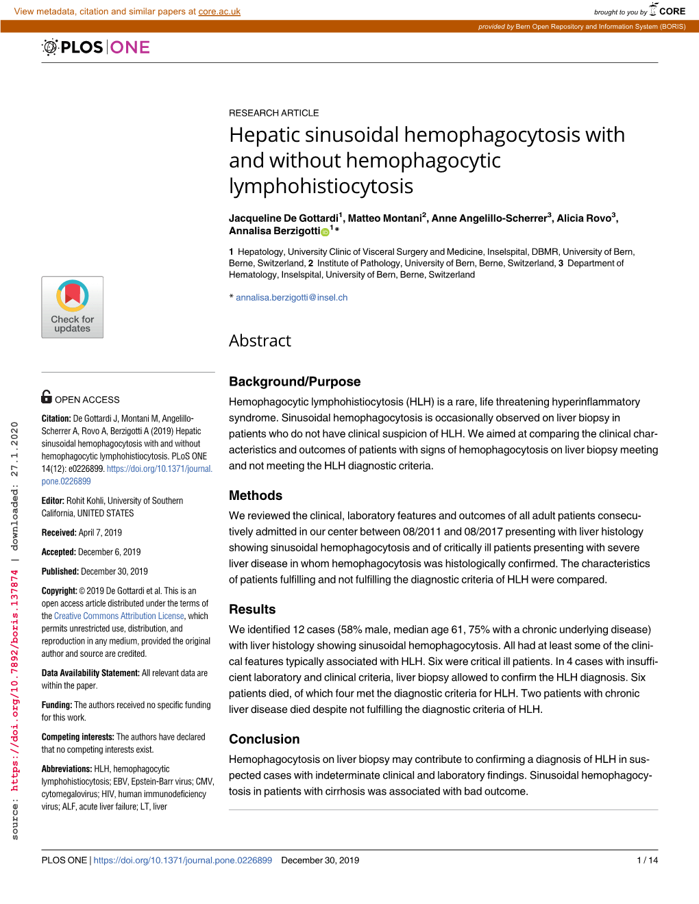 Hepatic Sinusoidal Hemophagocytosis with and Without Hemophagocytic Lymphohistiocytosis