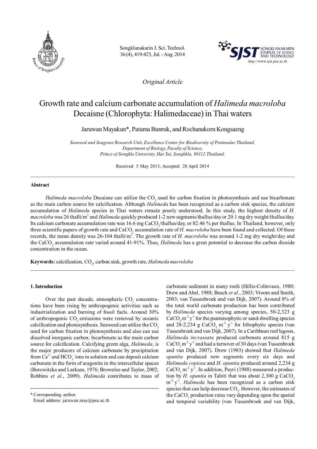 Growth Rate and Calcium Carbonate Accumulation of Halimeda Macroloba Decaisne (Chlorophyta: Halimedaceae) in Thai Waters