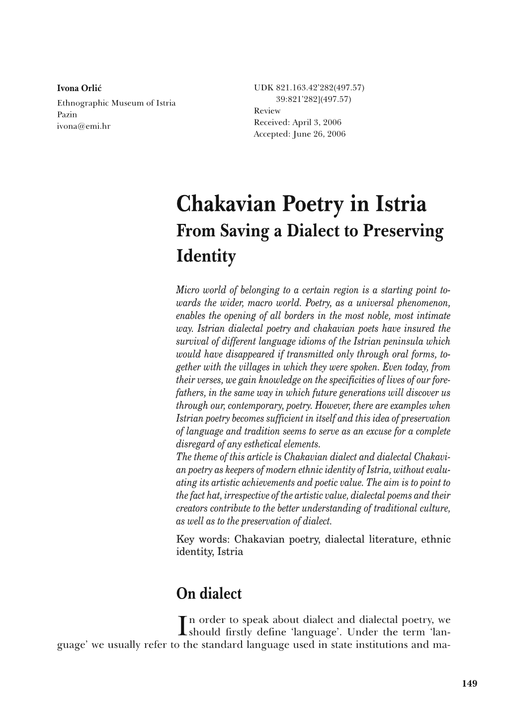 Chakavian Poetry in Istria from Saving a Dialect to Preserving Identity