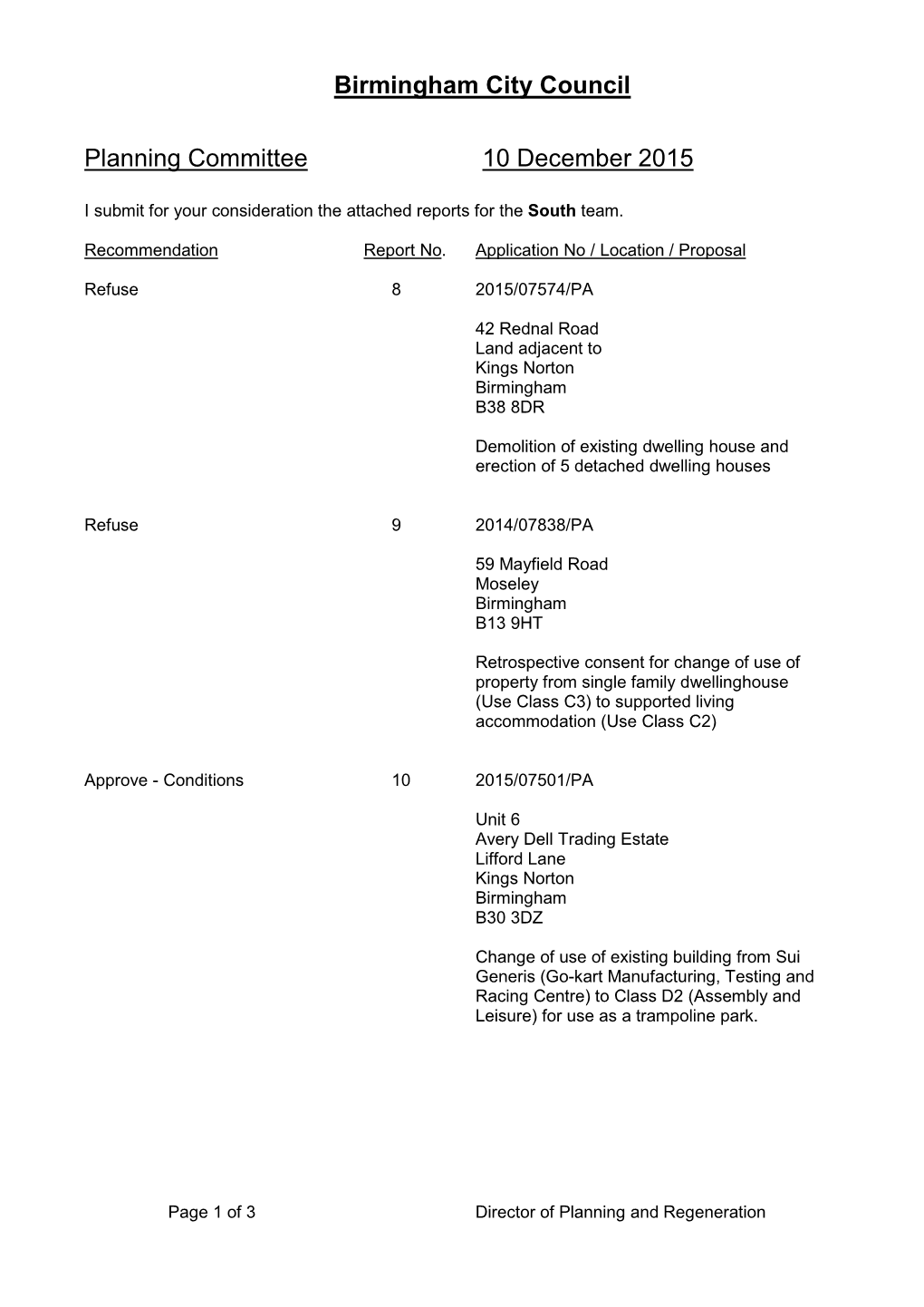 Birmingham City Council Planning Committee 10 December 2015