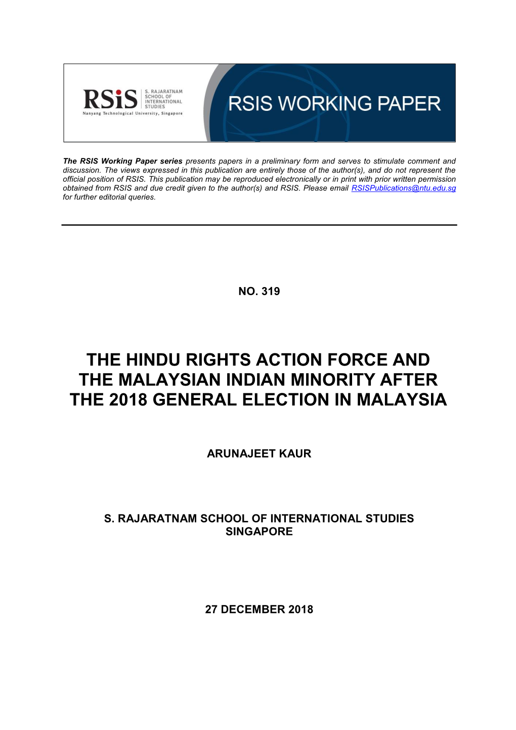 The Hindu Rights Action Force and the Malaysian Indian Minority After the 2018 General Election in Malaysia