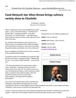 Food Network Star Alton Brown Brings Culinary Variety Show to Charloe