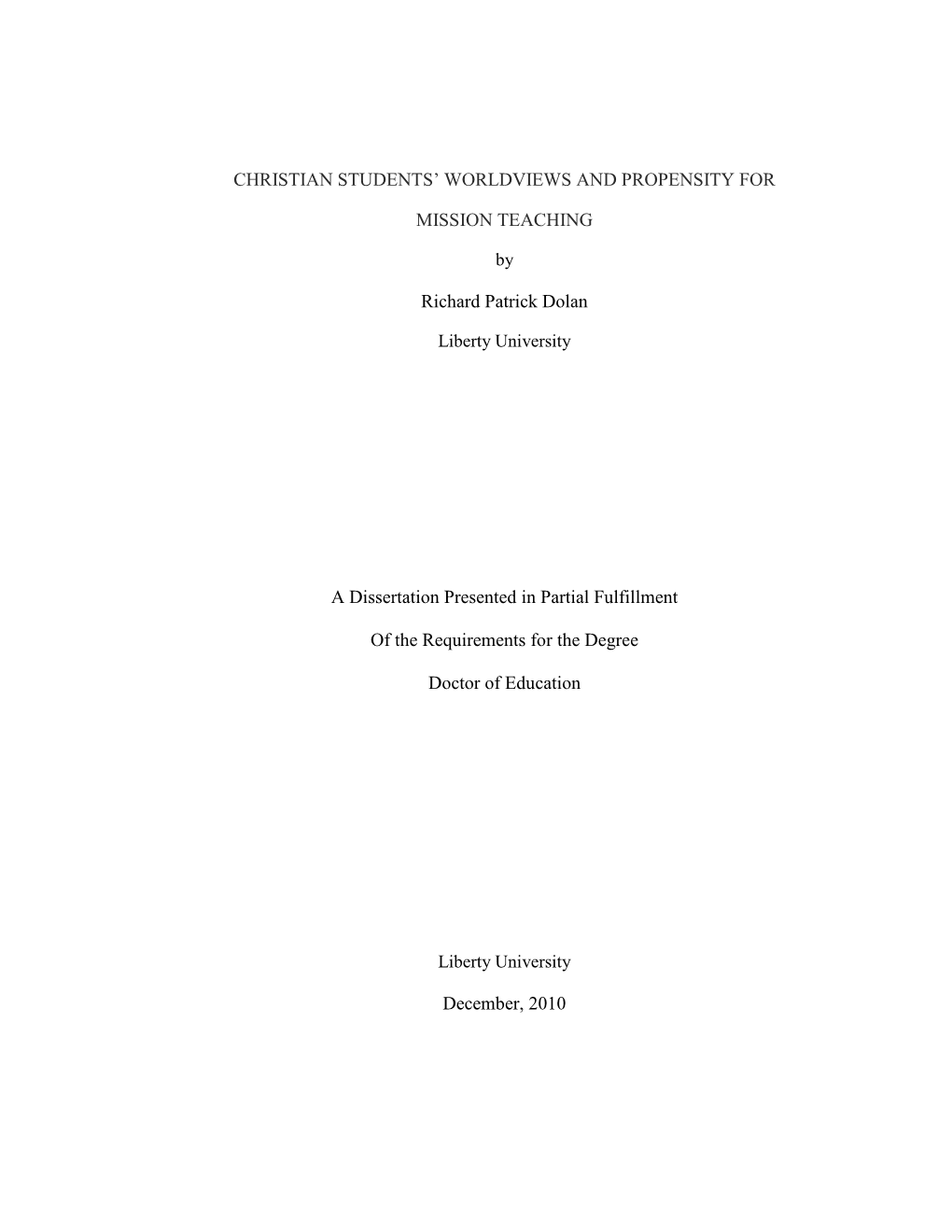 Christian Students' Worldviewsand Propensity for Missionteaching