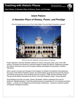 Iolani Palace: a Hawaiian Place of History, Power, and Prestige