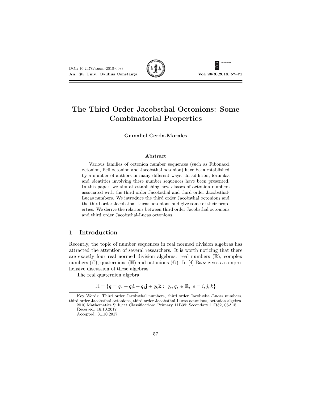 The Third Order Jacobsthal Octonions: Some Combinatorial Properties